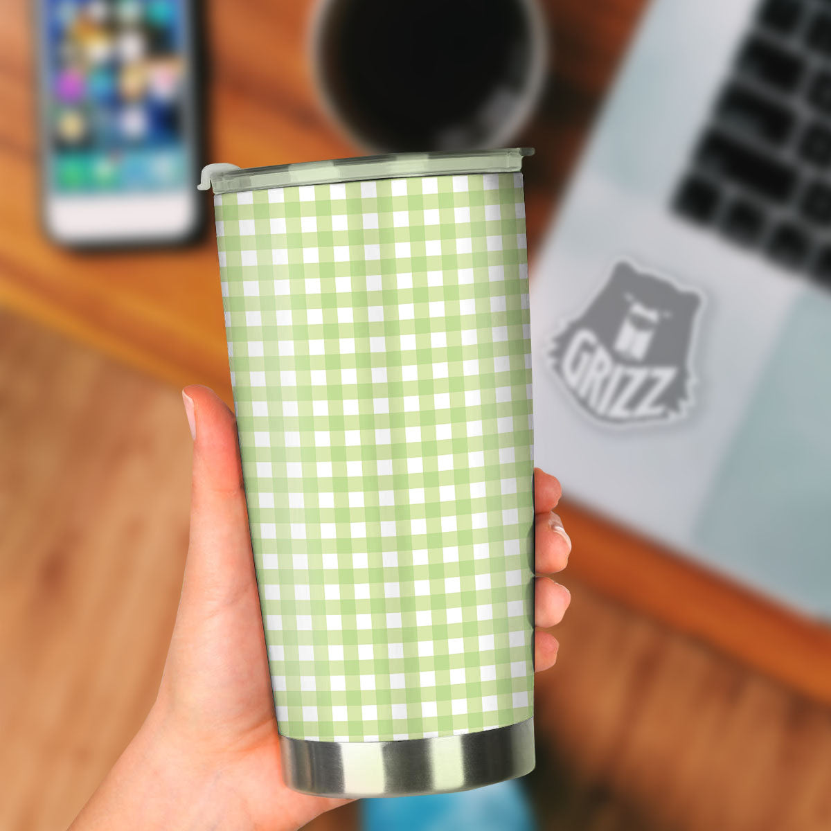 White And Green Check Print Pattern Tumbler-grizzshop