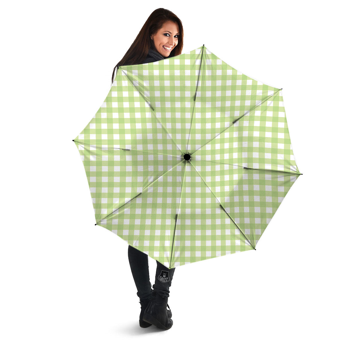 White And Green Check Print Pattern Umbrella-grizzshop