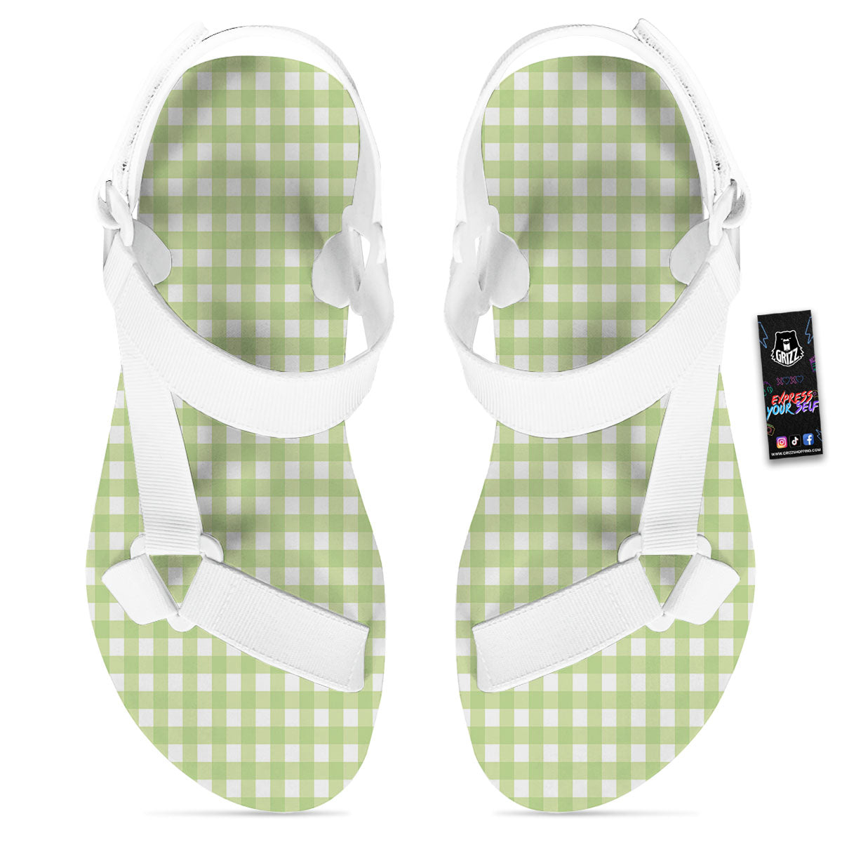 White And Green Check Print Pattern White Open Toe Sandals-grizzshop