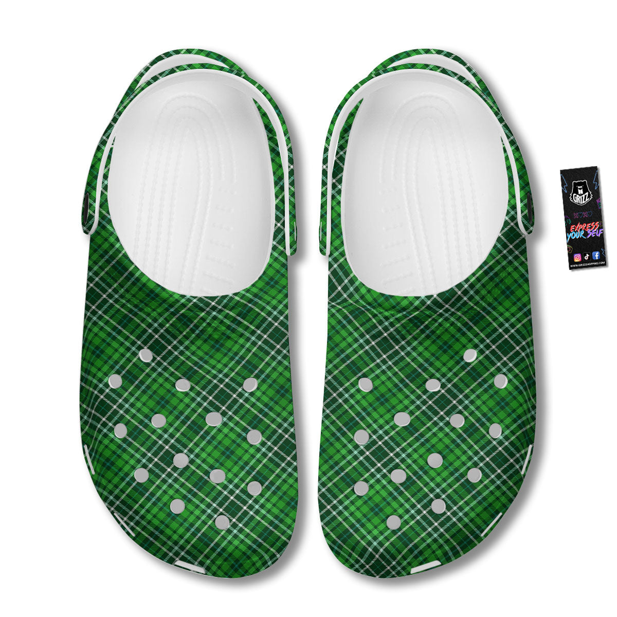 White And Green Plaid Print Pattern Clog-grizzshop