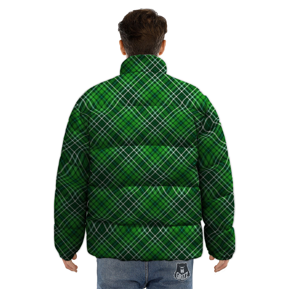 White And Green Plaid Print Pattern Puffer Jacket-grizzshop