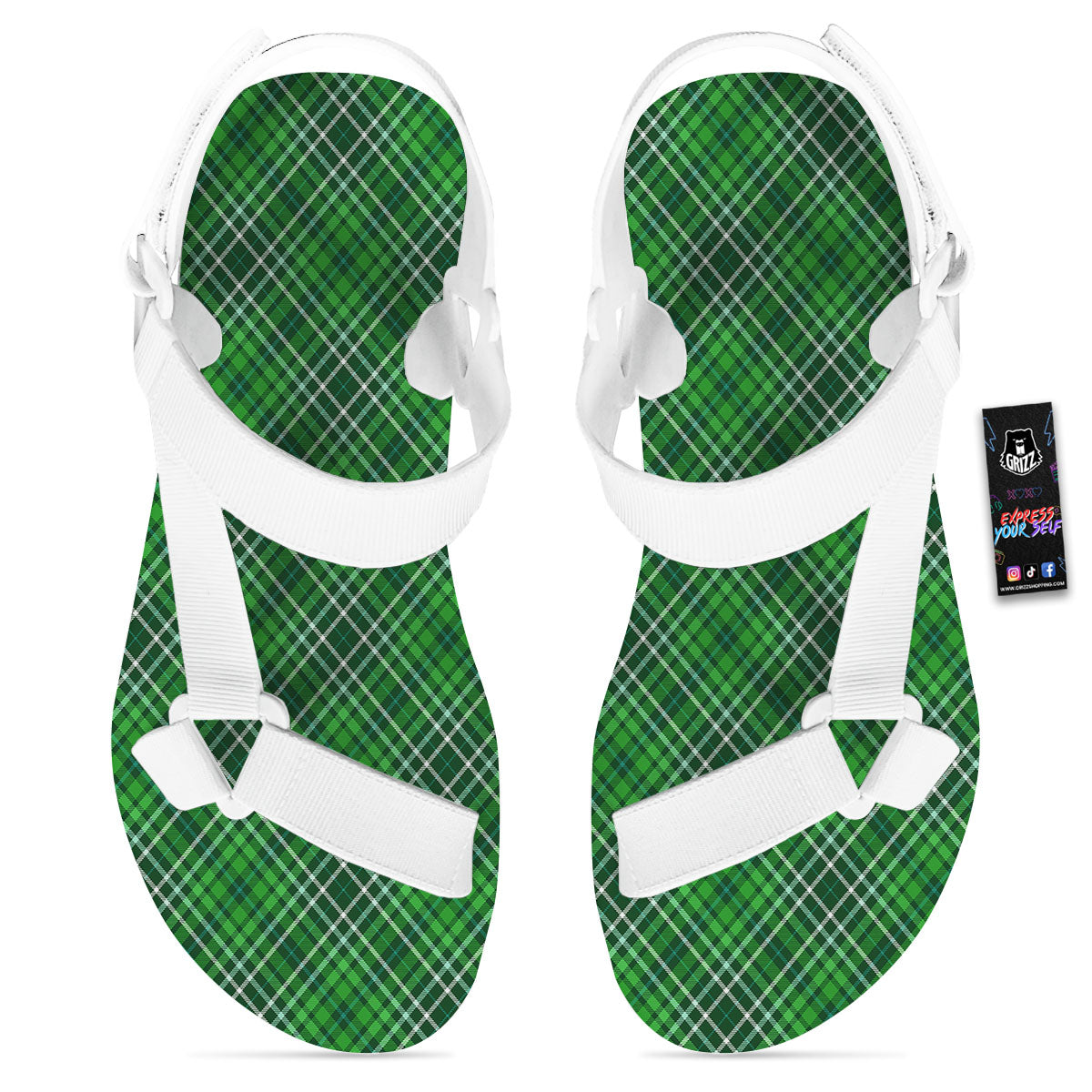 White And Green Plaid Print Pattern White Open Toe Sandals-grizzshop