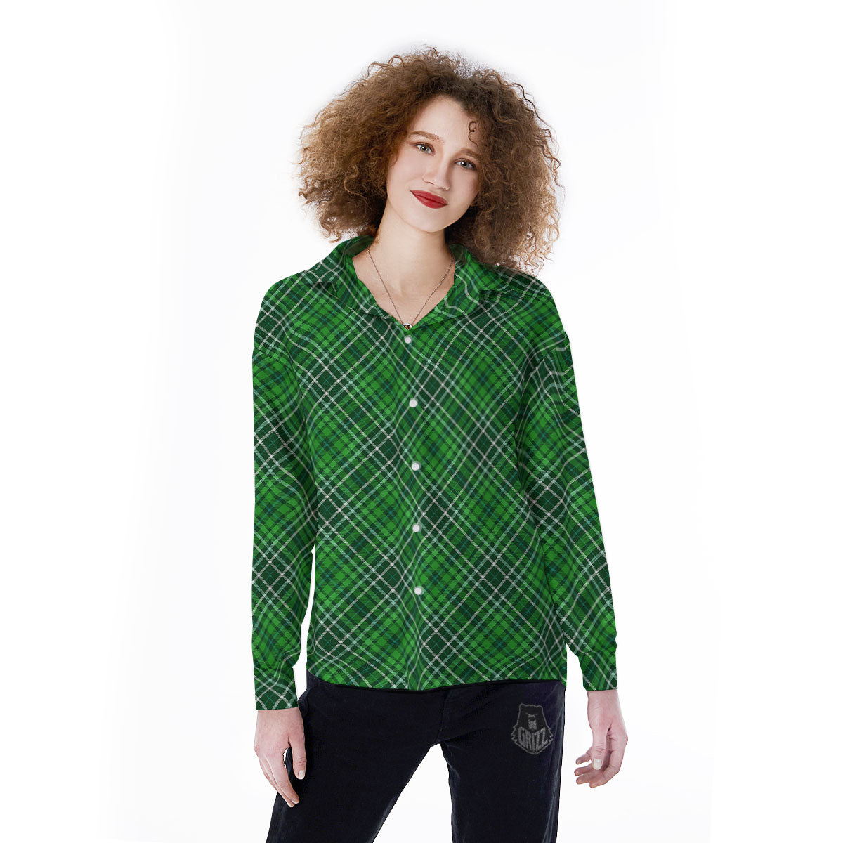 White And Green Plaid Print Pattern Women's Long Sleeve Shirts-grizzshop