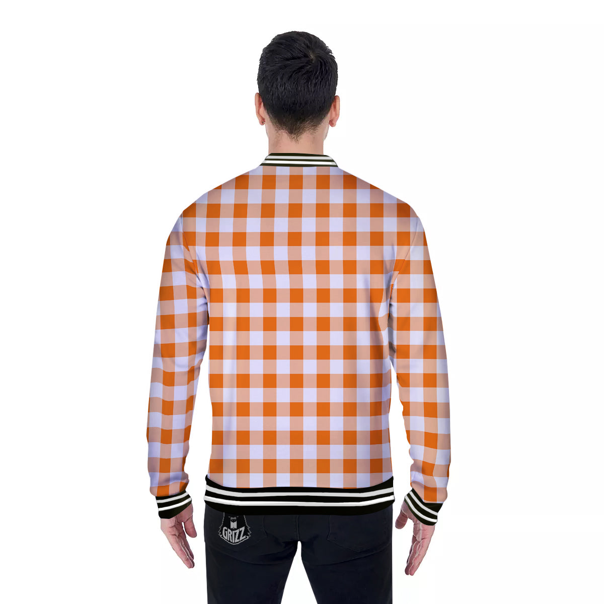White And Orange Check Print Pattern Baseball Jacket-grizzshop