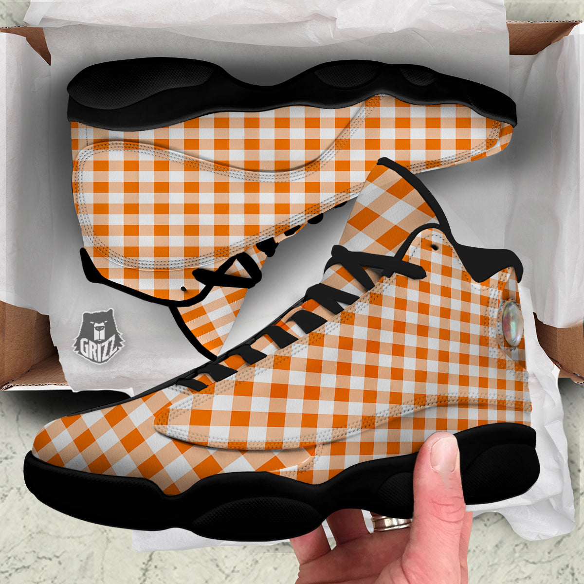 White And Orange Check Print Pattern Black Basketball Shoes-grizzshop