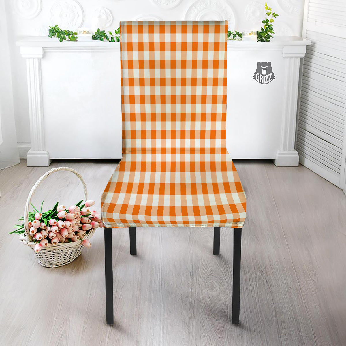 White And Orange Check Print Pattern Dining Chair Slipcover-grizzshop