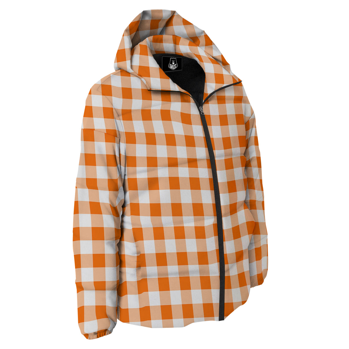 White And Orange Check Print Pattern Down Jacket-grizzshop