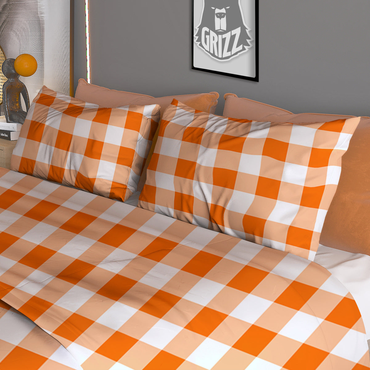 White And Orange Check Print Pattern Duvet Cover Bedding Set