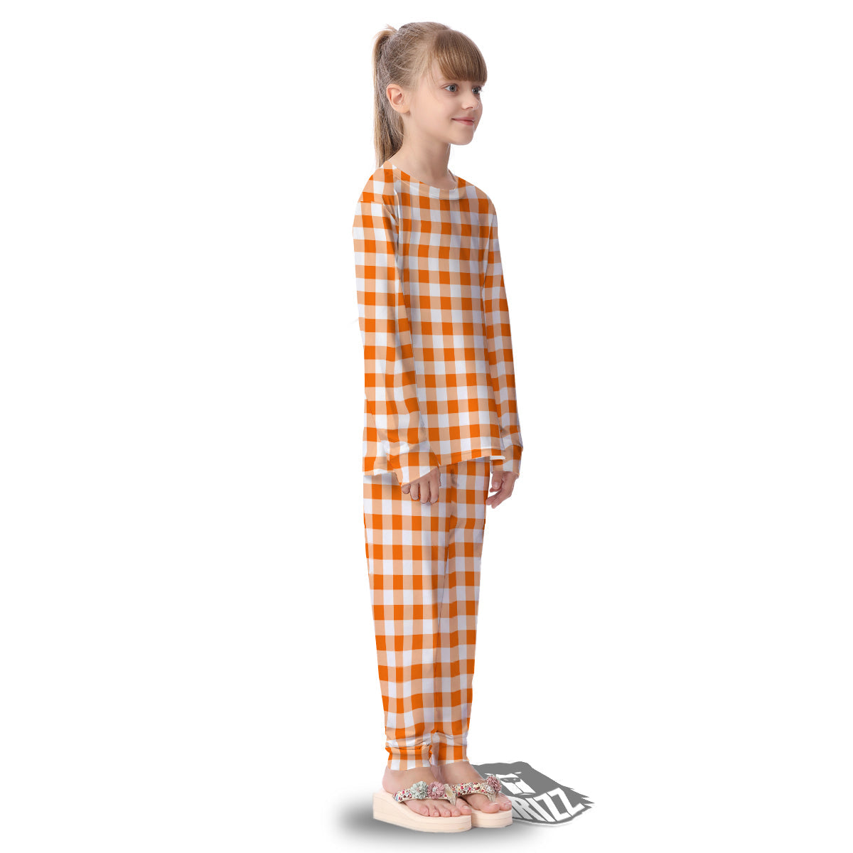 White And Orange Check Print Pattern Kid's Pajamas-grizzshop