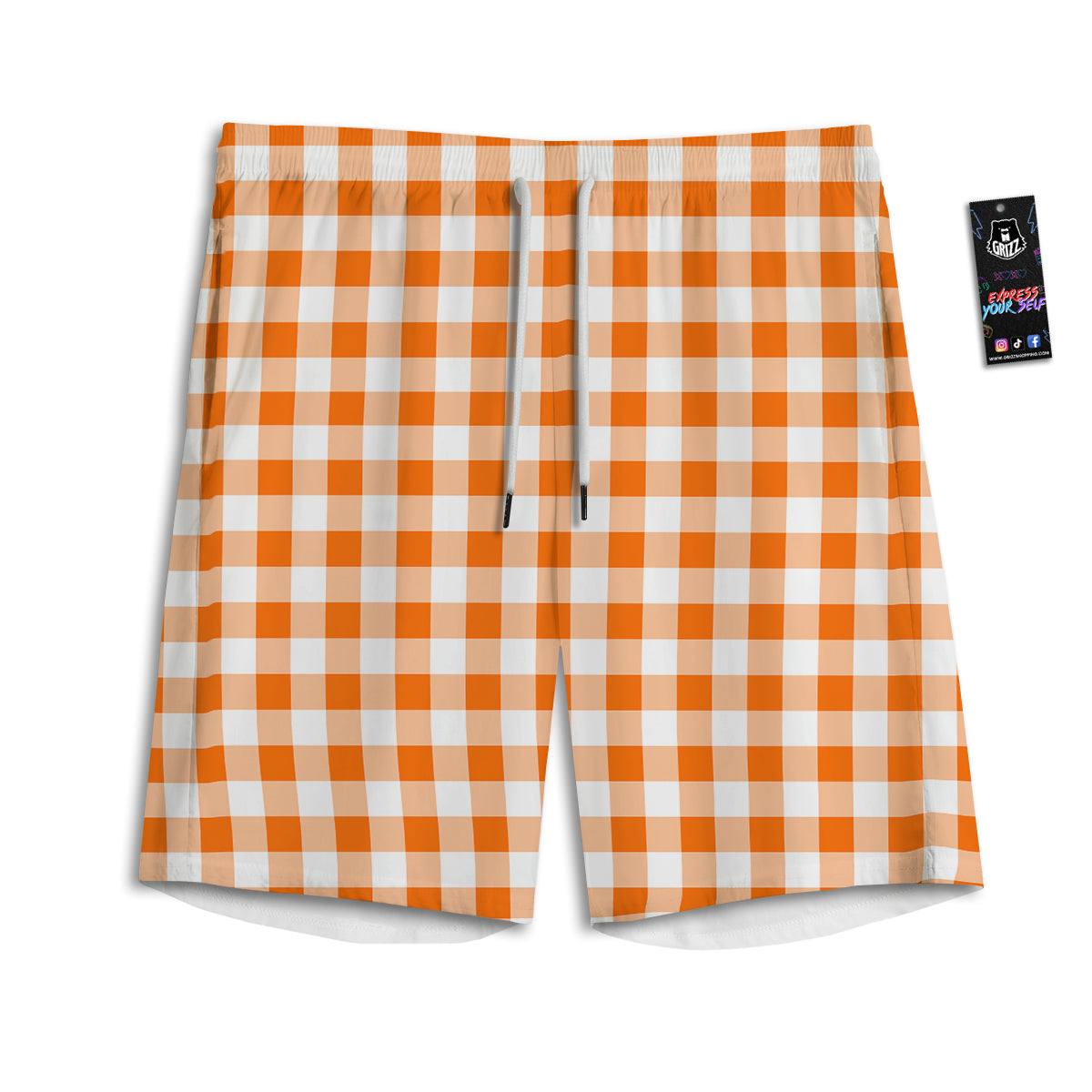 White And Orange Check Print Pattern Men's Athletic Shorts