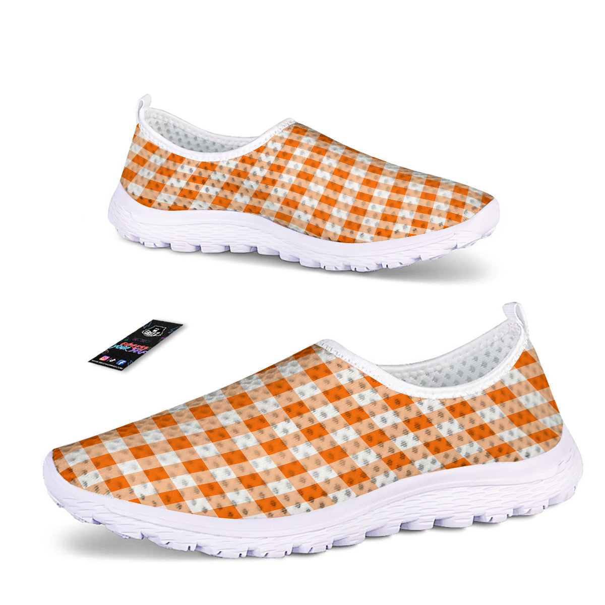 White And Orange Check Print Pattern Nurse Shoes-grizzshop