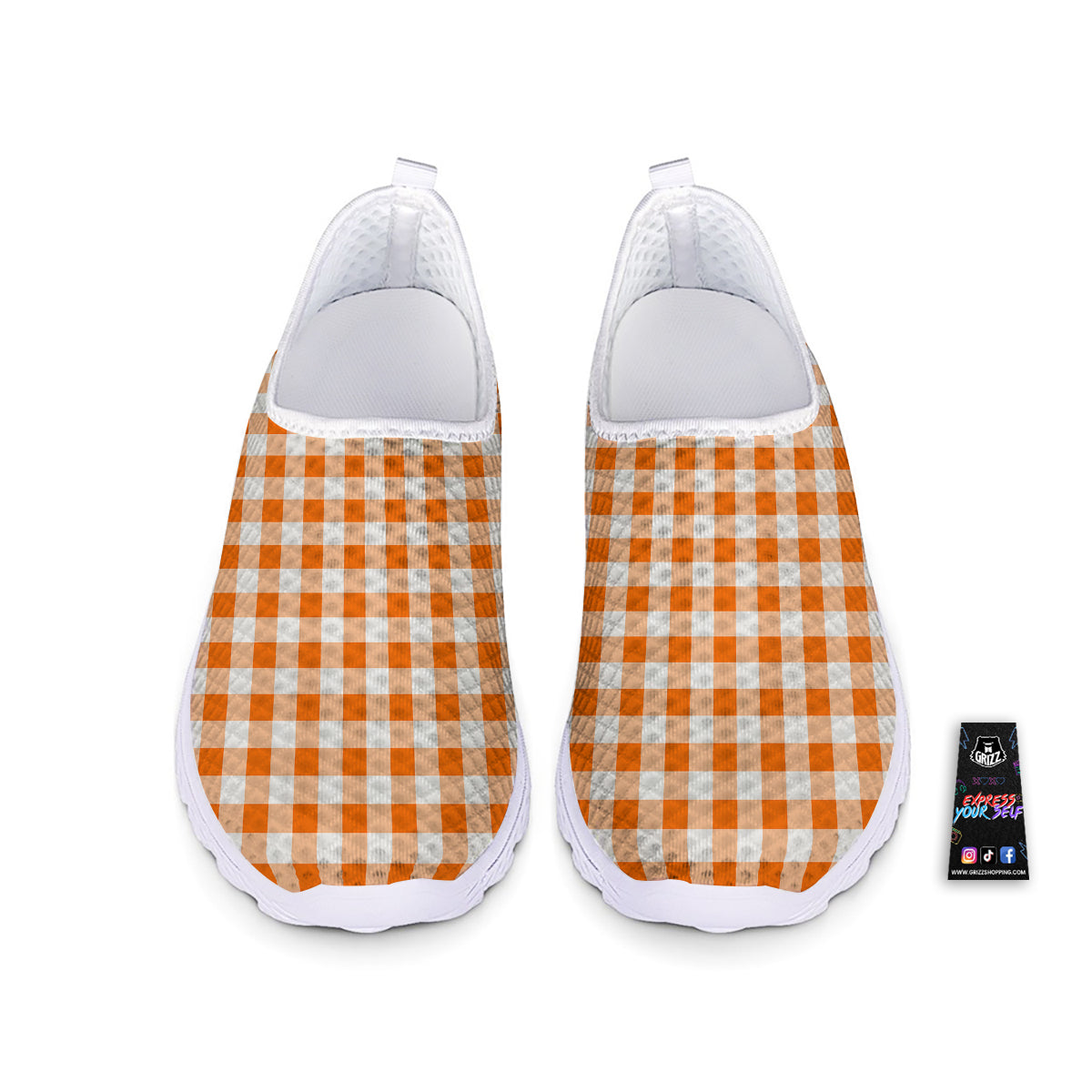 White And Orange Check Print Pattern Nurse Shoes-grizzshop