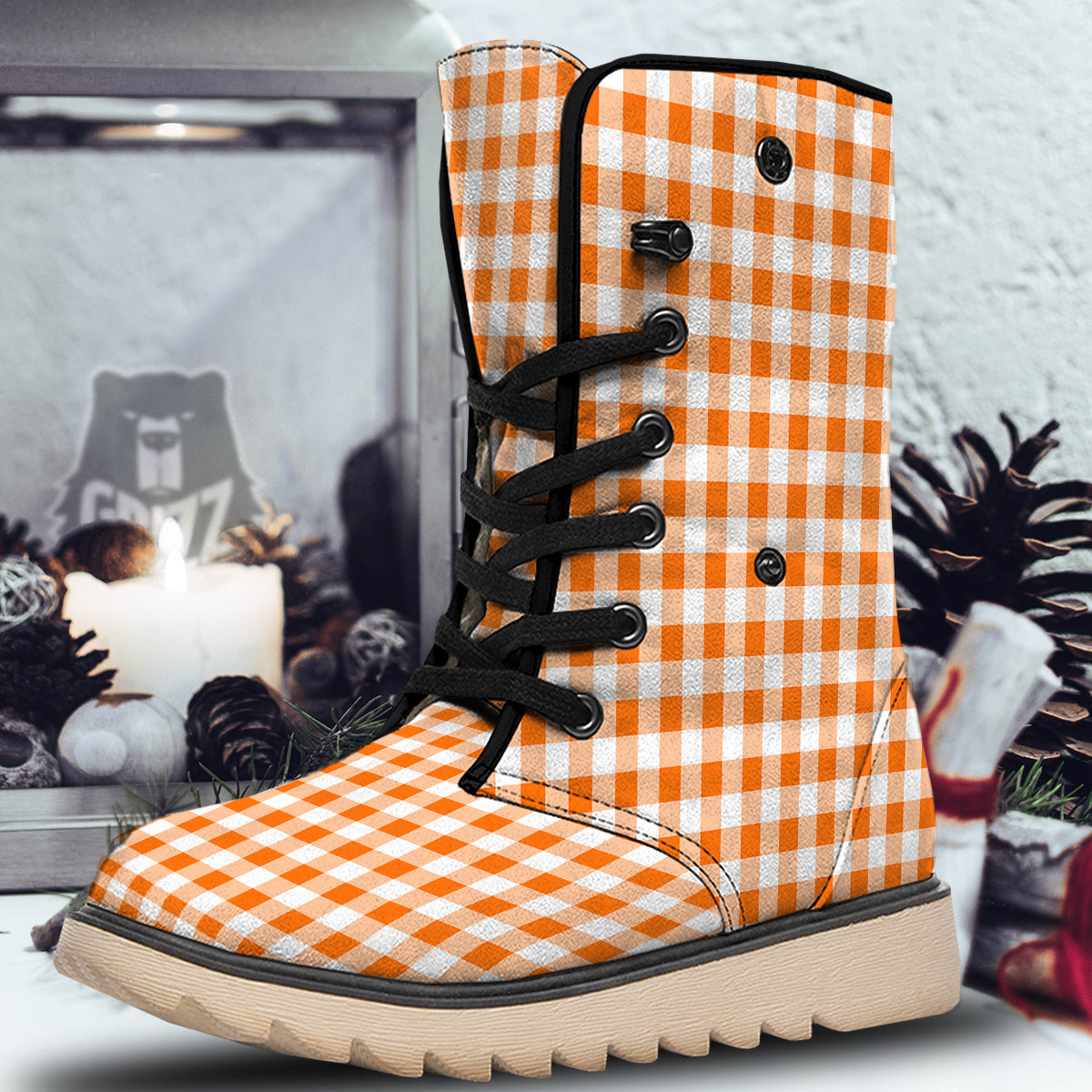 White And Orange Check Print Pattern Snow Boots-grizzshop