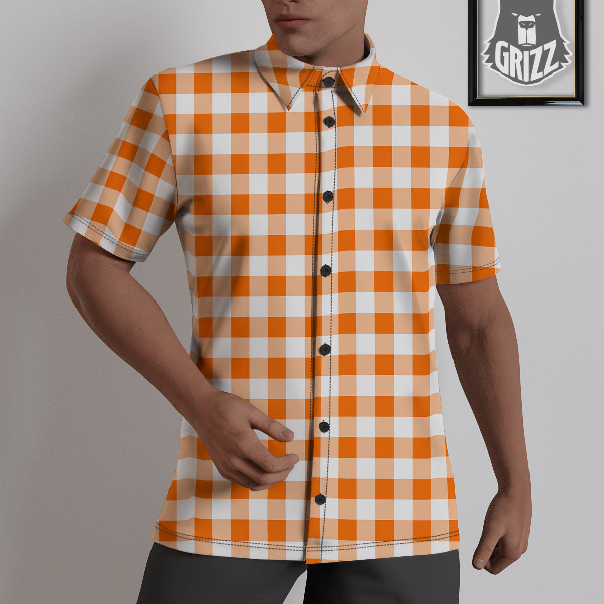 White And Orange Check Print Pattern Untucked Shirts-grizzshop