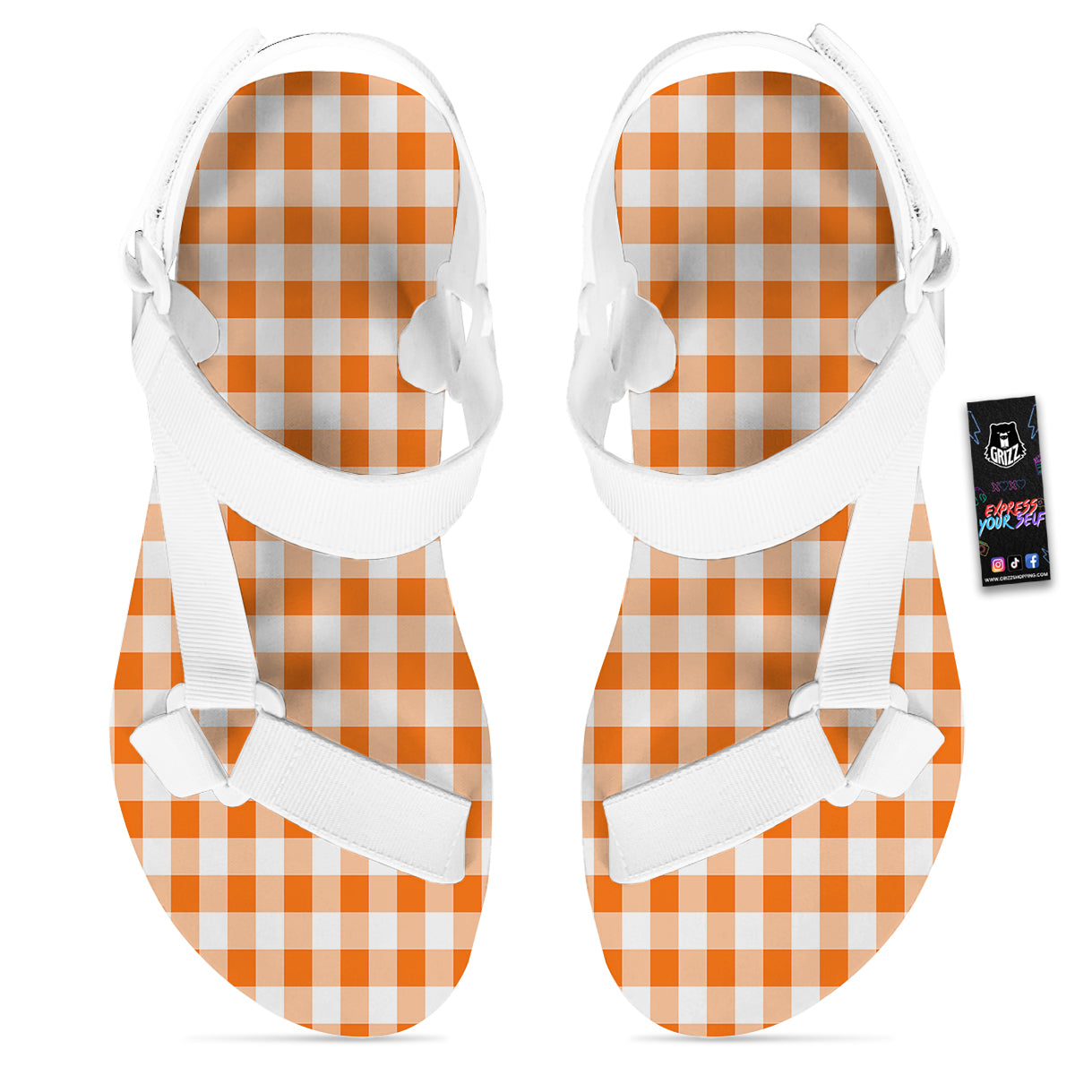 White And Orange Check Print Pattern White Open Toe Sandals-grizzshop