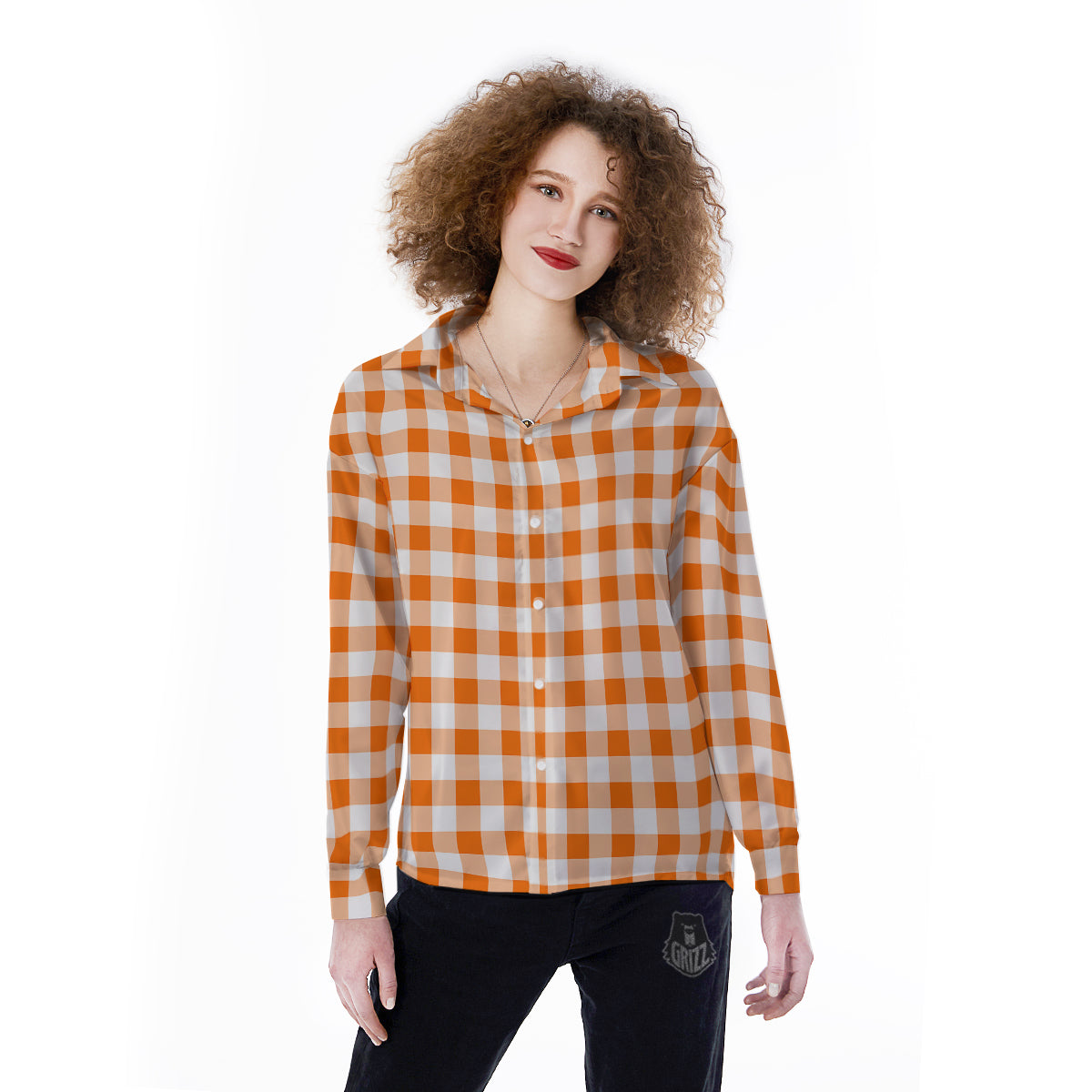 White And Orange Check Print Pattern Women's Long Sleeve Shirts-grizzshop