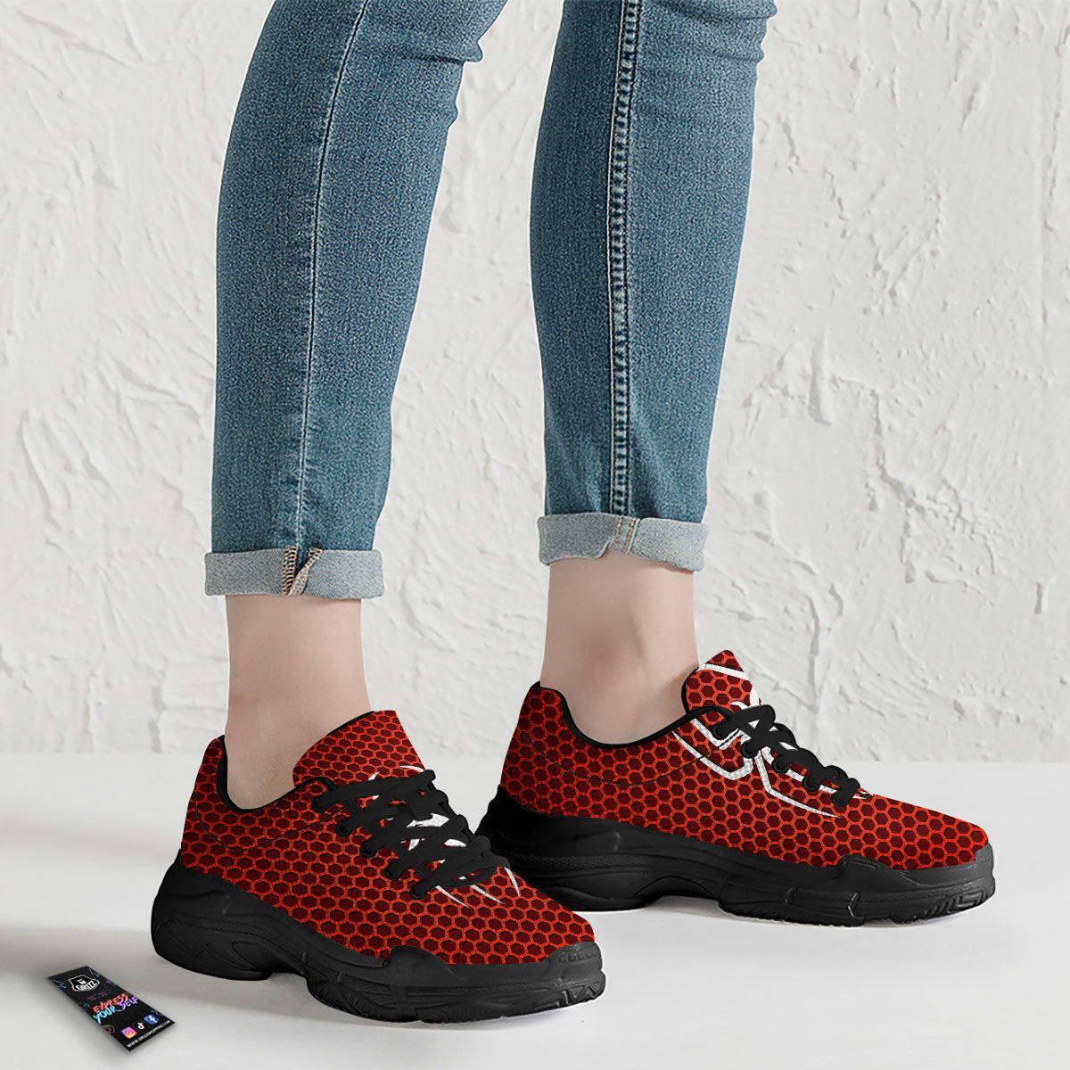 White And Red Spider Print Black Chunky Shoes-grizzshop
