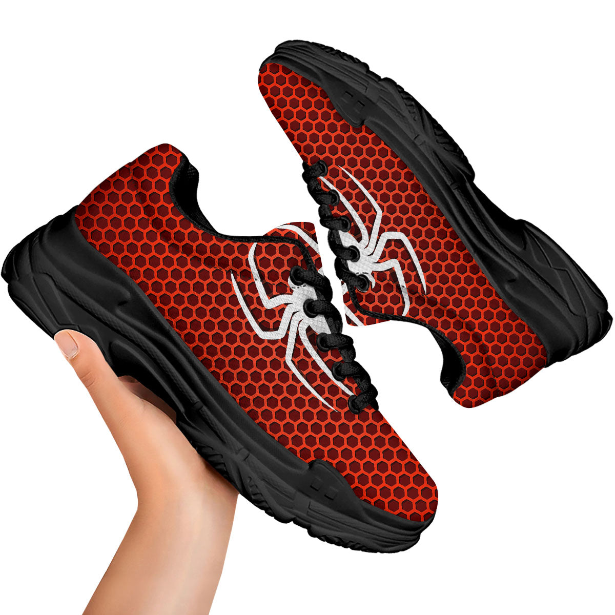 White And Red Spider Print Black Chunky Shoes-grizzshop
