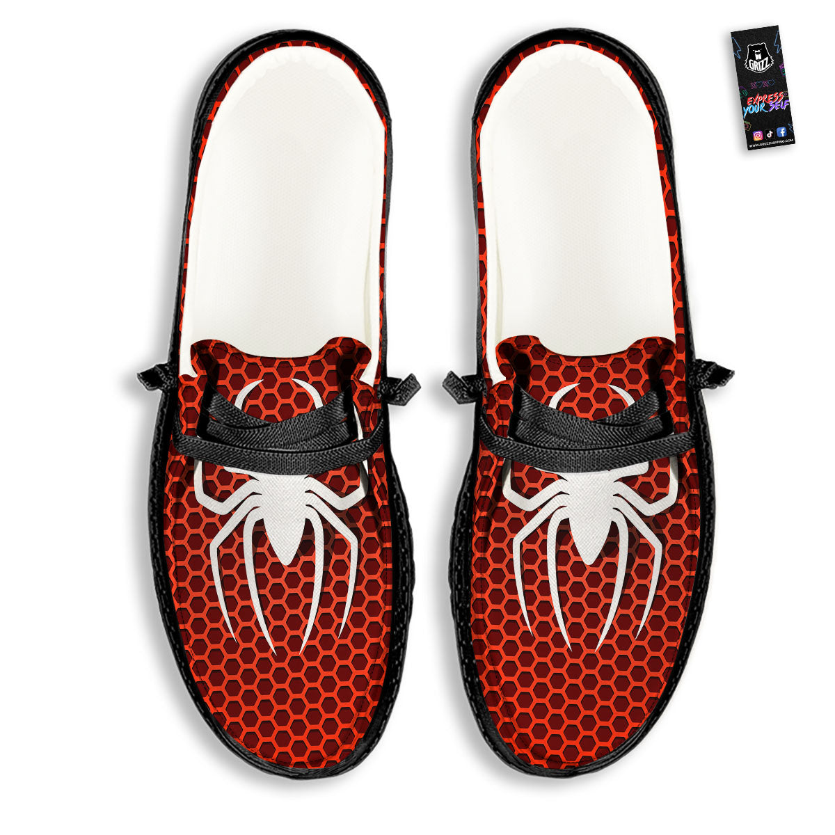White And Red Spider Print Black Loafers-grizzshop