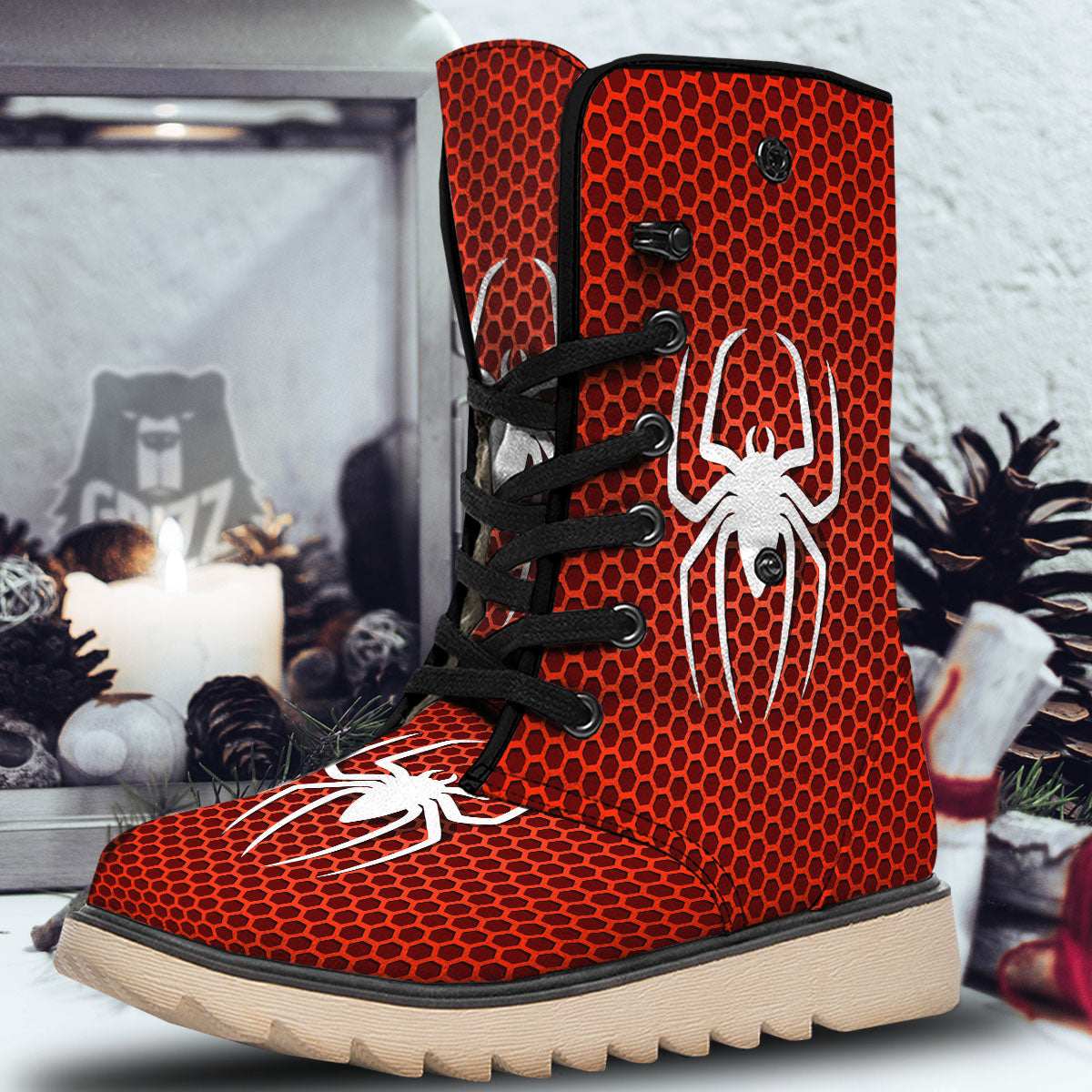 White And Red Spider Print Snow Boots-grizzshop