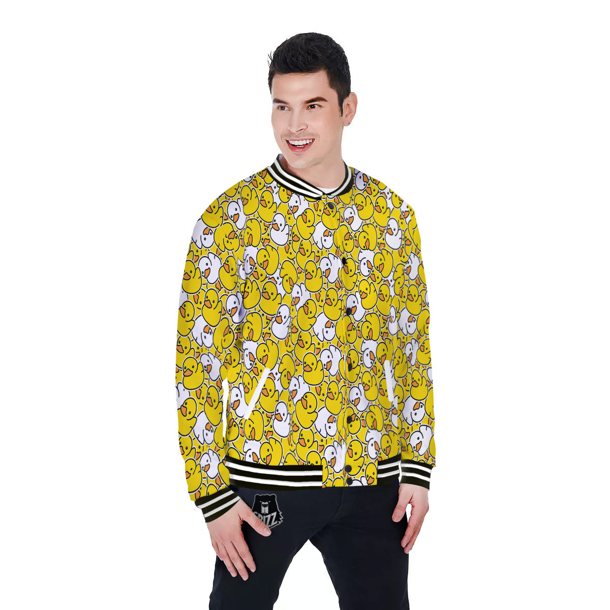 White And Yellow Duck Rubber Print Pattern Baseball Jacket-grizzshop