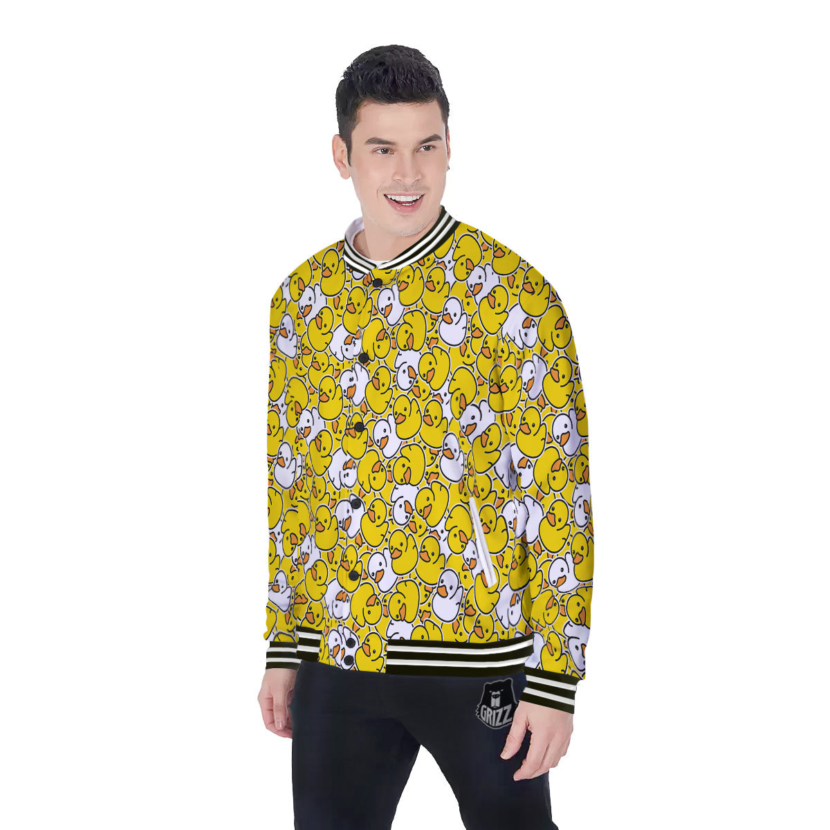 White And Yellow Duck Rubber Print Pattern Baseball Jacket-grizzshop