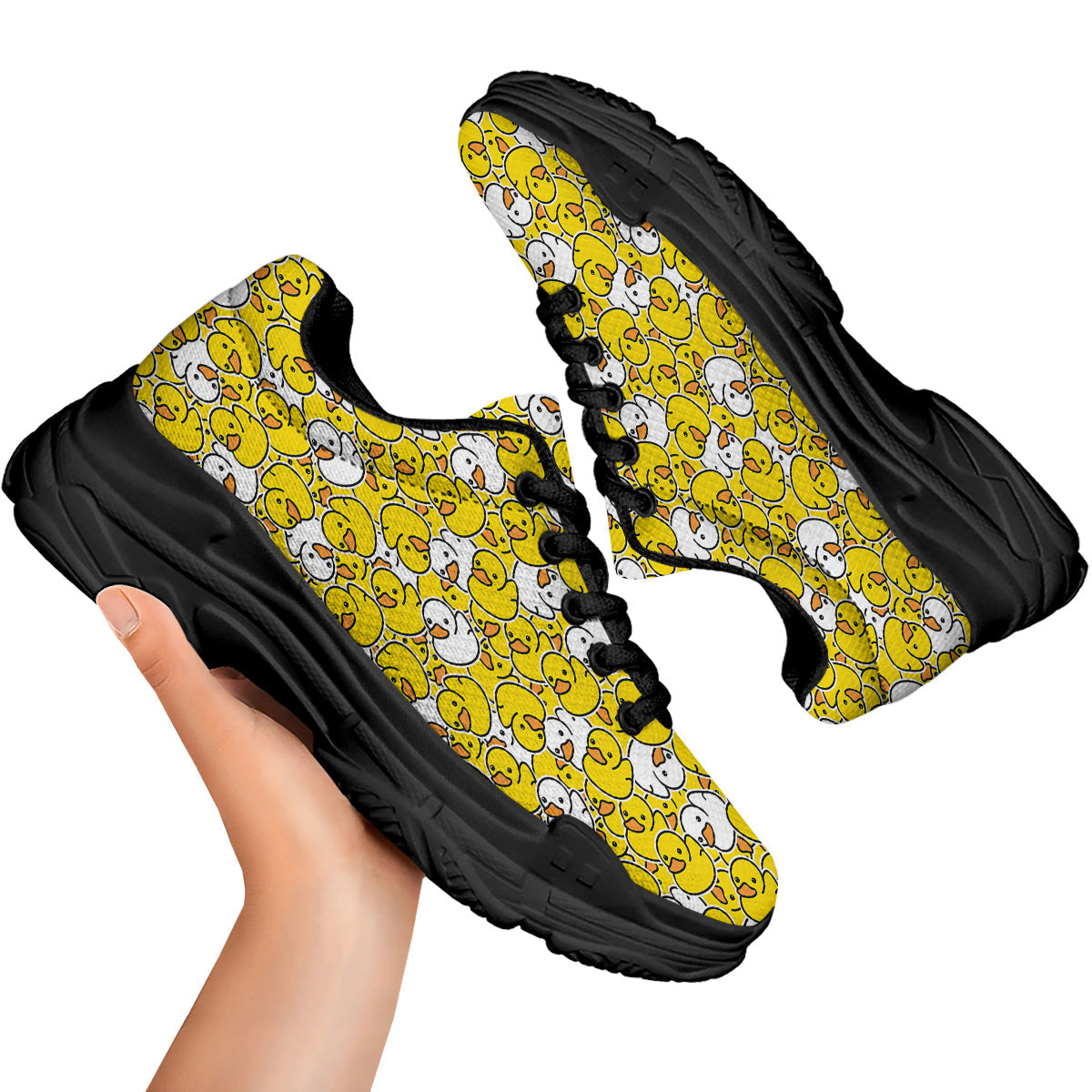 White And Yellow Duck Rubber Print Pattern Black Chunky Shoes-grizzshop