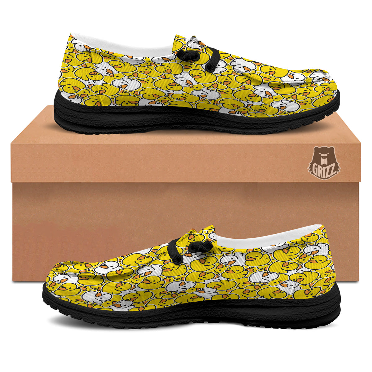 White And Yellow Duck Rubber Print Pattern Black Loafers-grizzshop