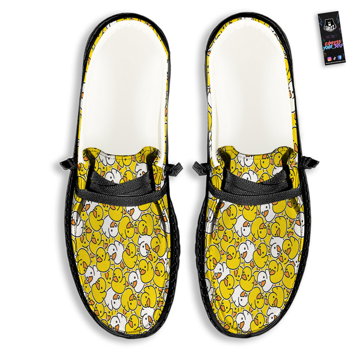White And Yellow Duck Rubber Print Pattern Black Loafers-grizzshop