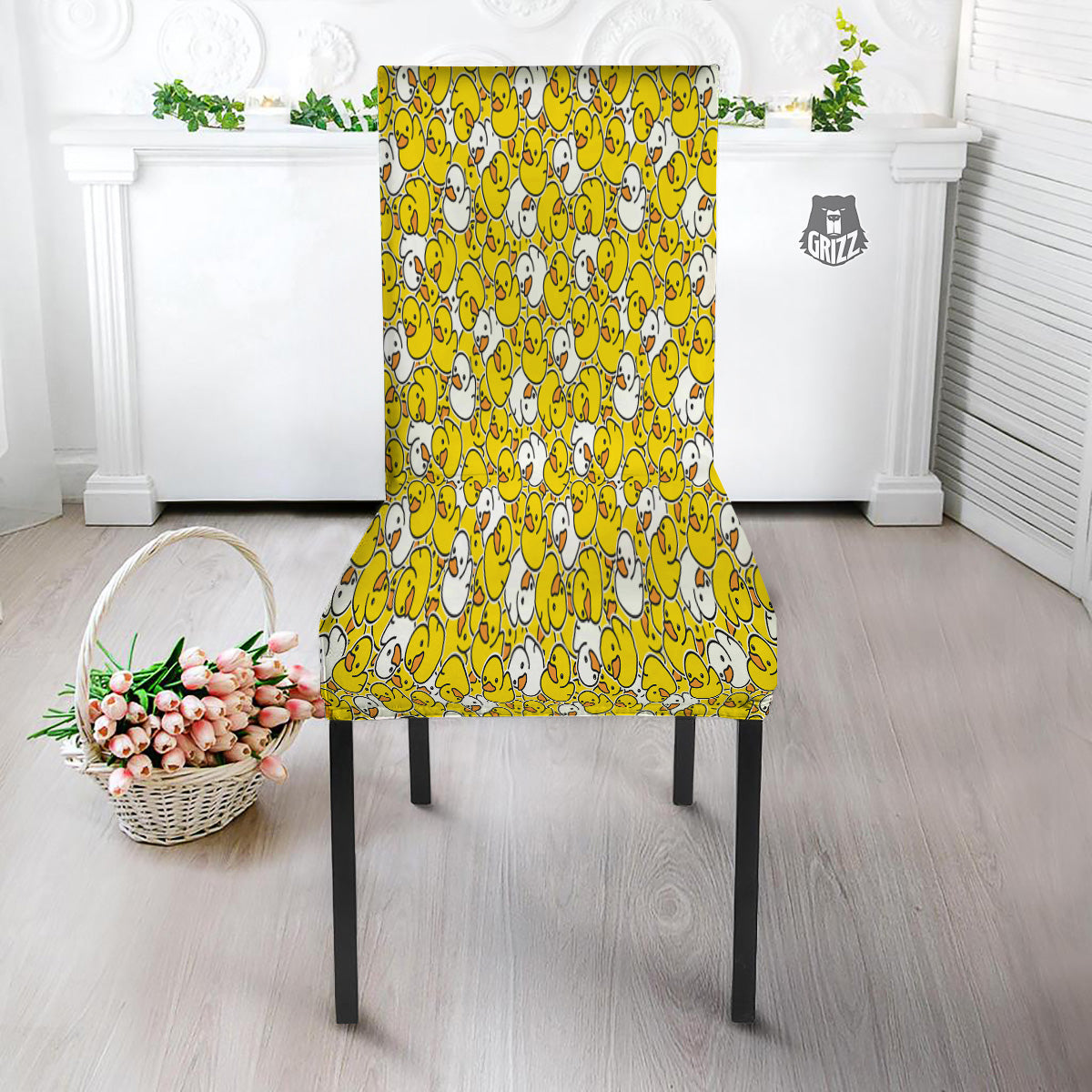 White And Yellow Duck Rubber Print Pattern Dining Chair Slipcover-grizzshop