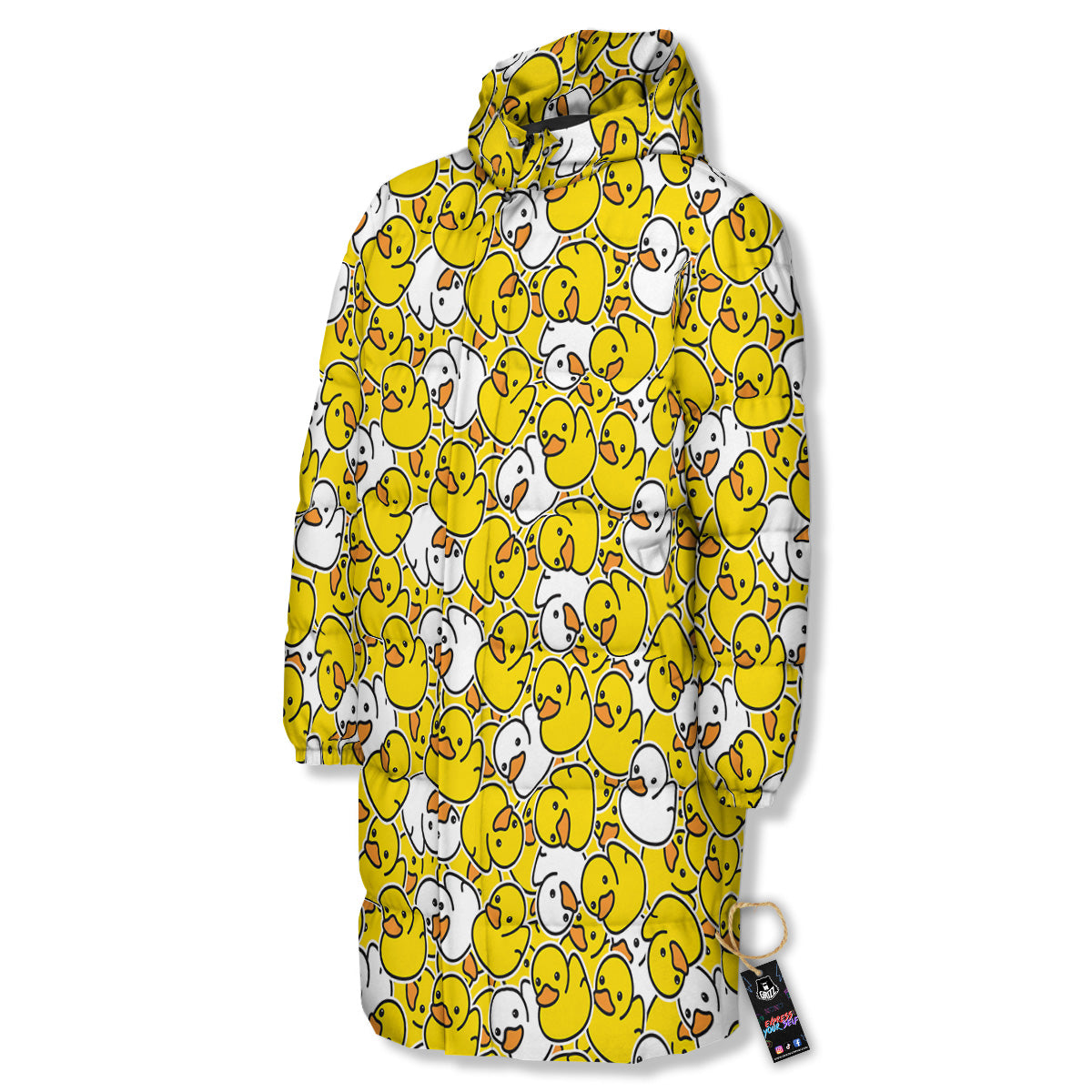 White And Yellow Duck Rubber Print Pattern Long Down Jacket-grizzshop