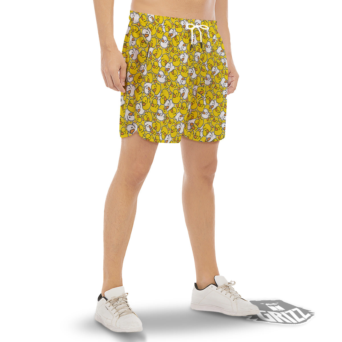 White And Yellow Duck Rubber Print Pattern Men's Gym Shorts-grizzshop