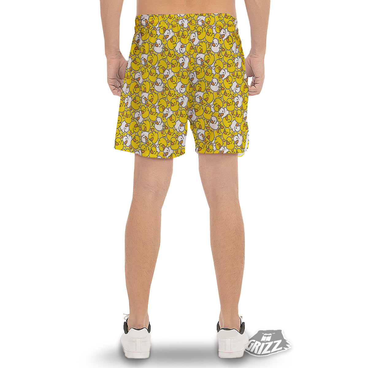 White And Yellow Duck Rubber Print Pattern Men's Gym Shorts-grizzshop