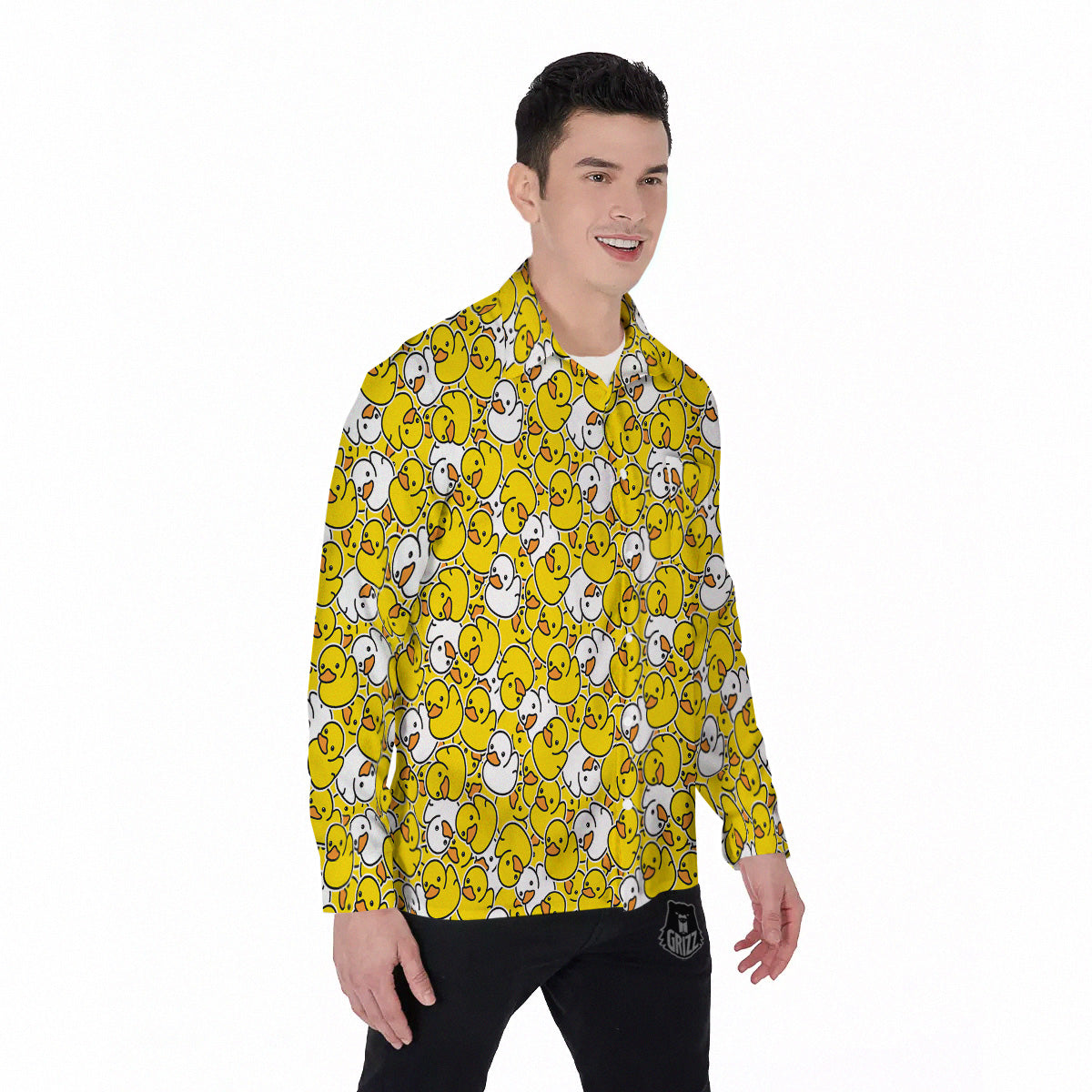 White And Yellow Duck Rubber Print Pattern Men's Long Sleeve Shirts-grizzshop