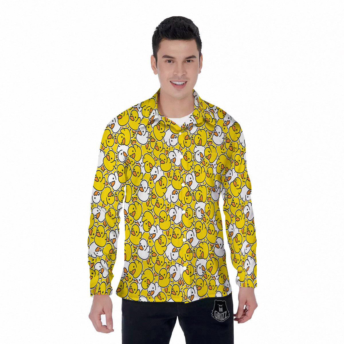 White And Yellow Duck Rubber Print Pattern Men's Long Sleeve Shirts-grizzshop