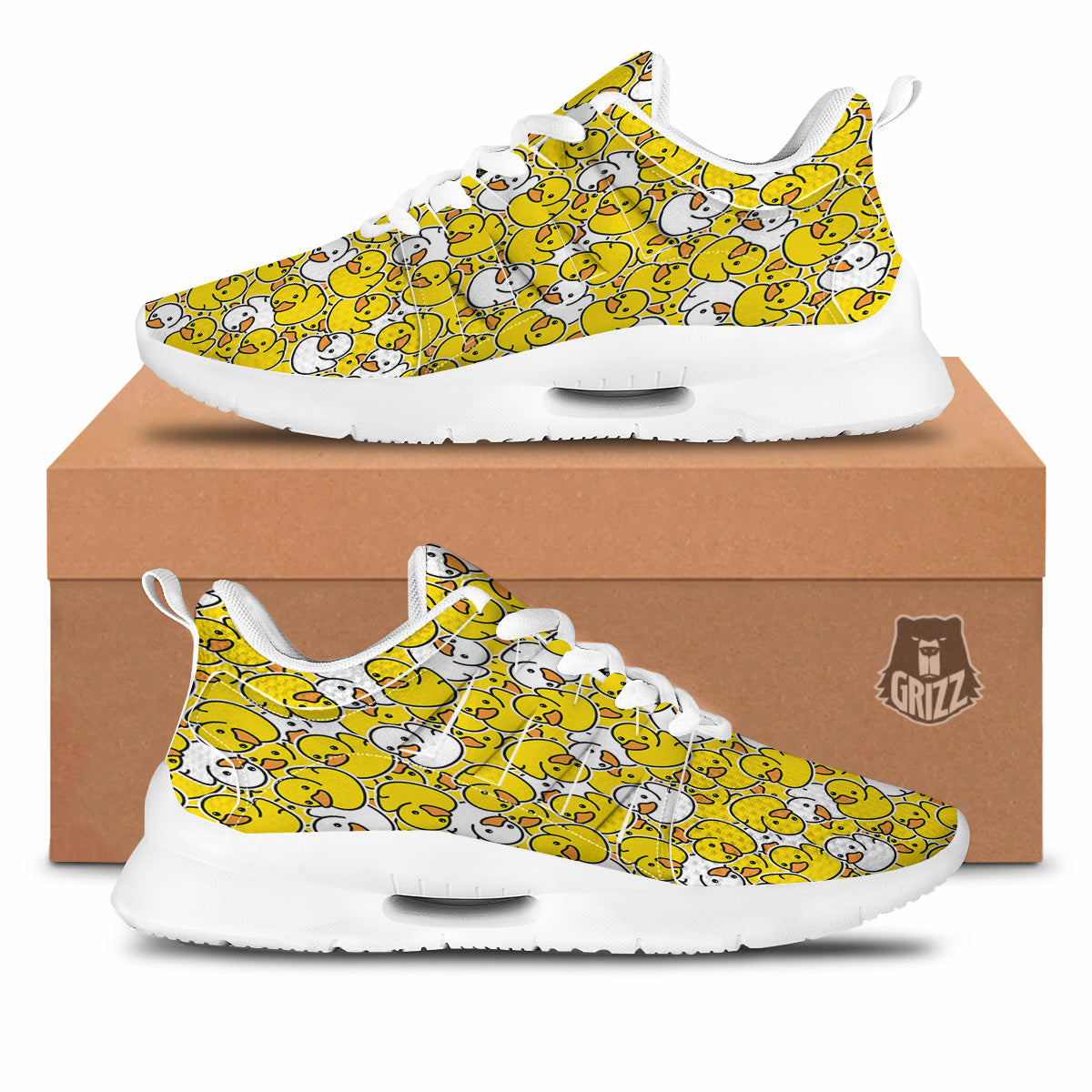 White And Yellow Duck Rubber Print Pattern Tennis Shoes-grizzshop