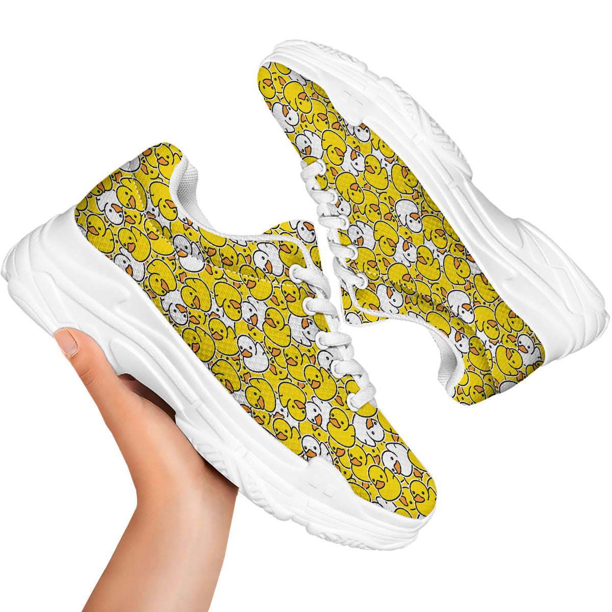 White And Yellow Duck Rubber Print Pattern White Chunky Shoes-grizzshop