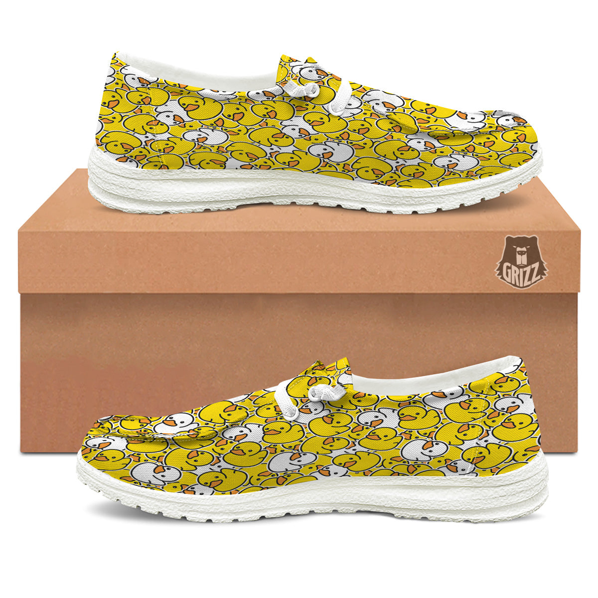 White And Yellow Duck Rubber Print Pattern White Loafers-grizzshop