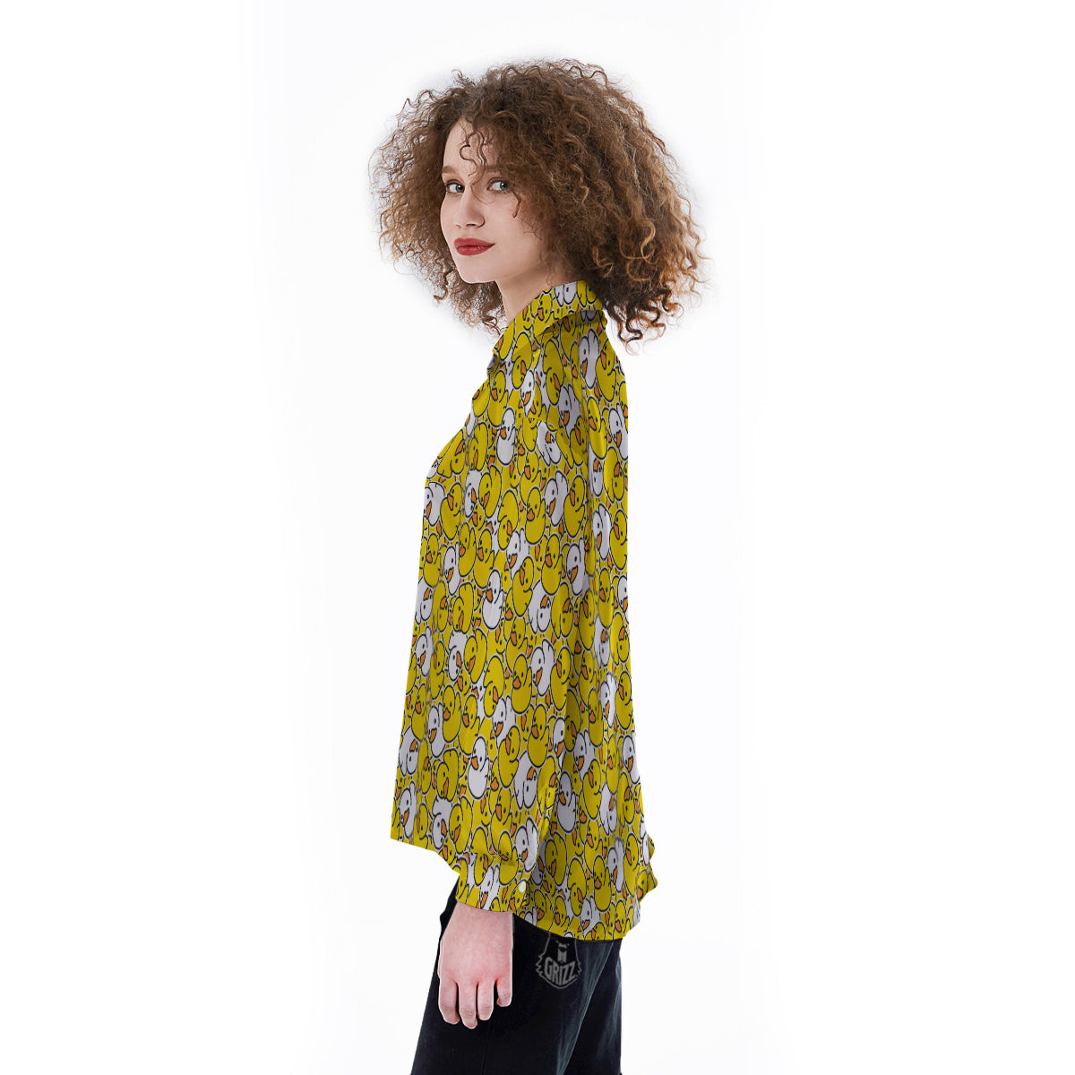 White And Yellow Duck Rubber Print Pattern Women's Long Sleeve Shirts-grizzshop