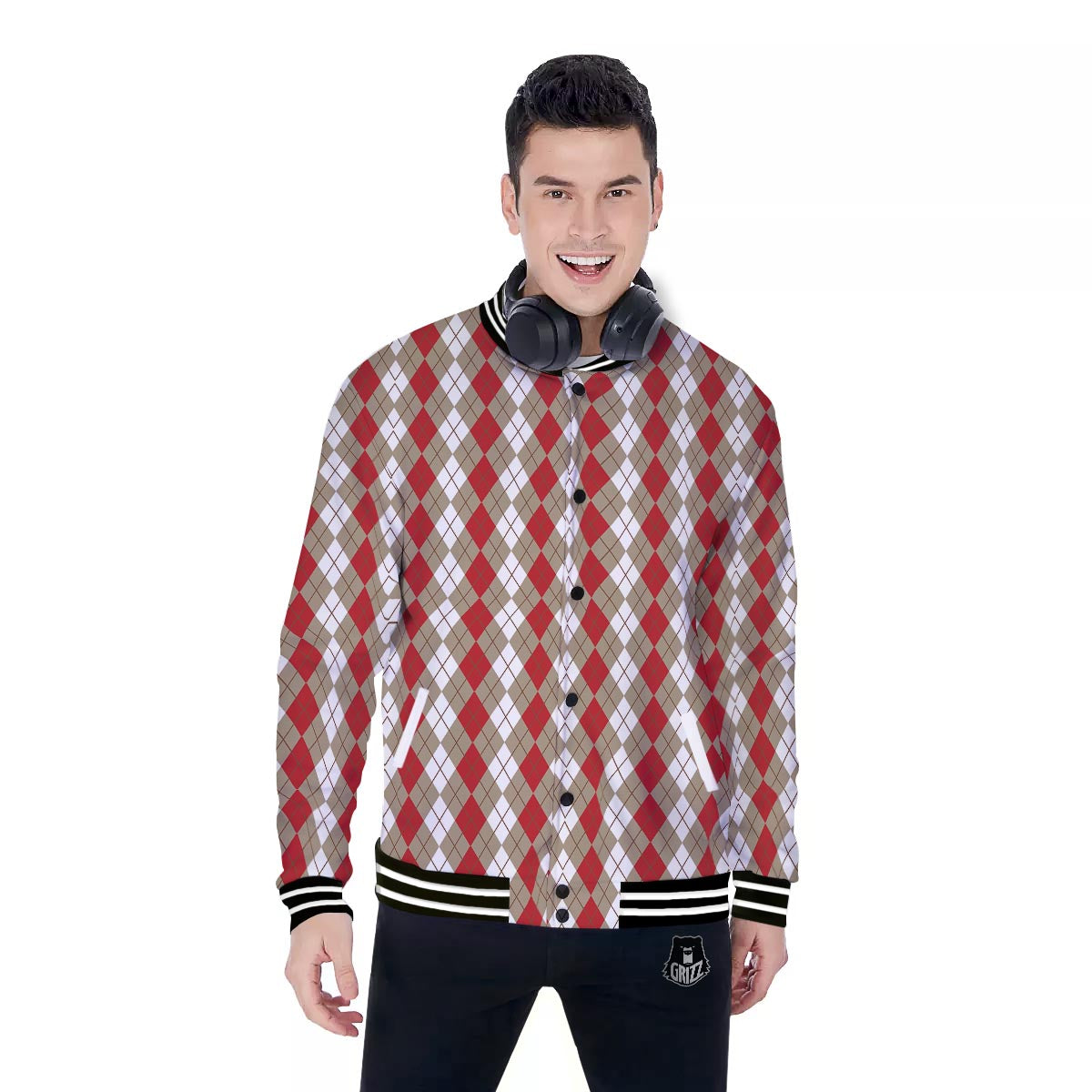 White Argyle And Beige Red Print Pattern Baseball Jacket-grizzshop