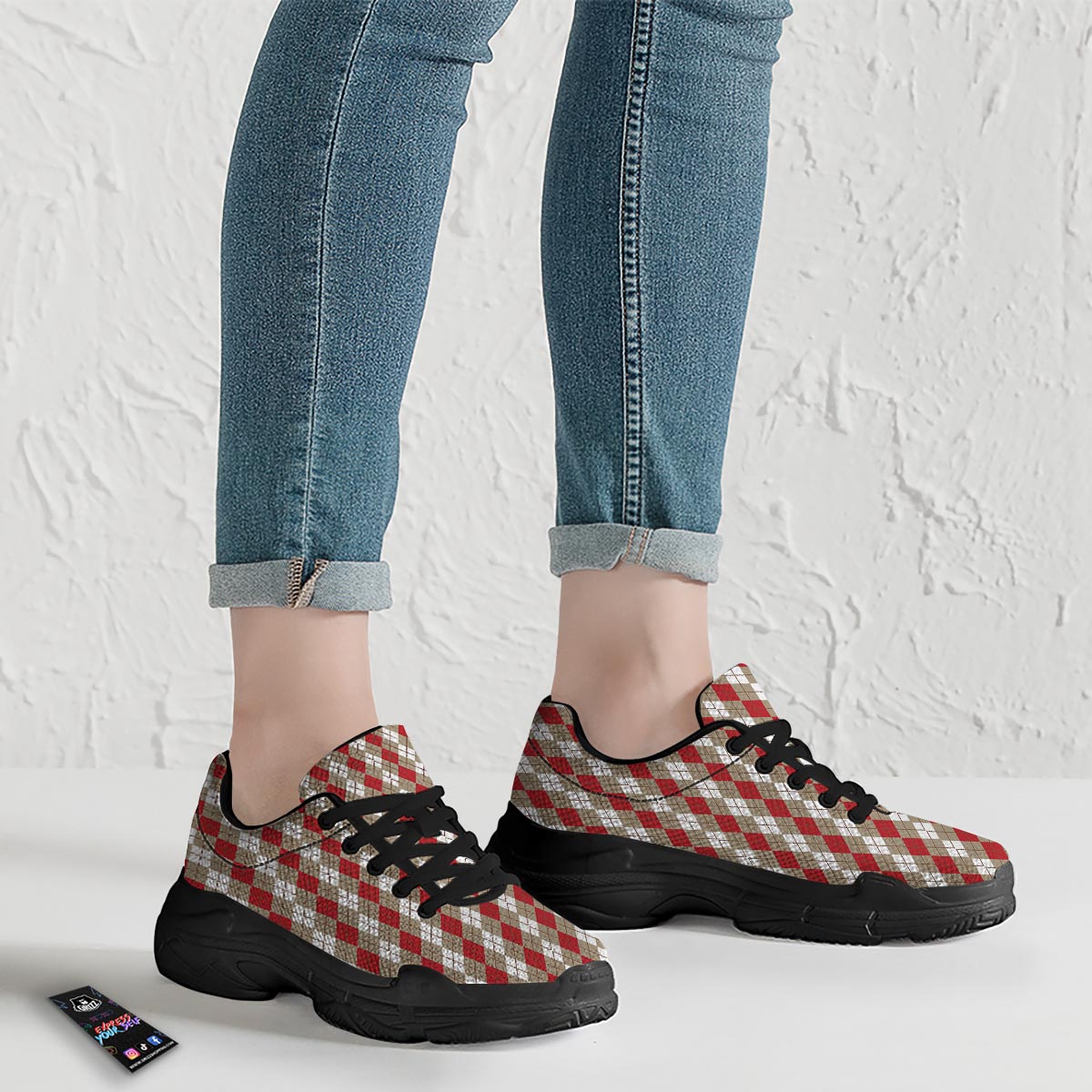 White Argyle And Beige Red Print Pattern Black Chunky Shoes-grizzshop
