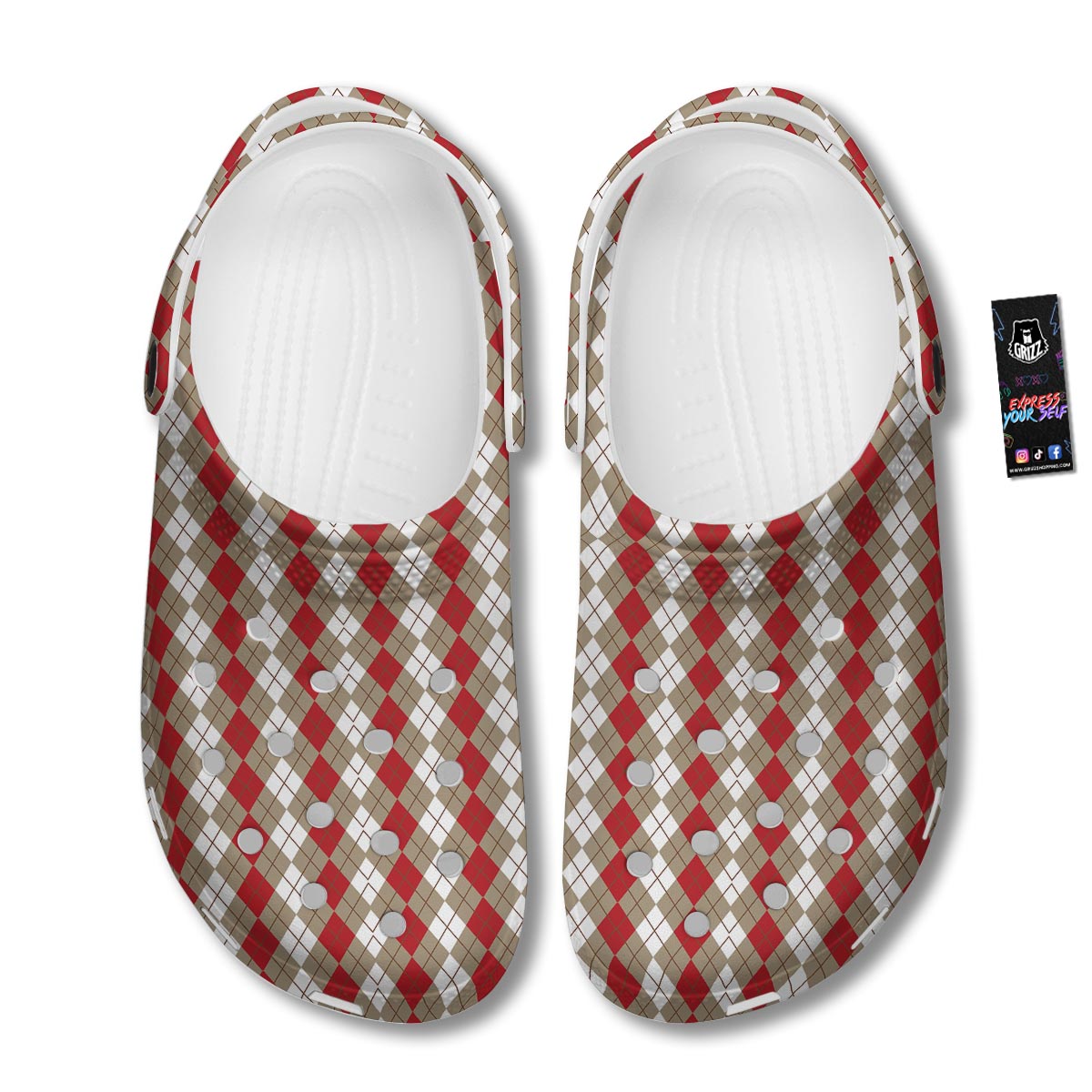 White Argyle And Beige Red Print Pattern Clog-grizzshop
