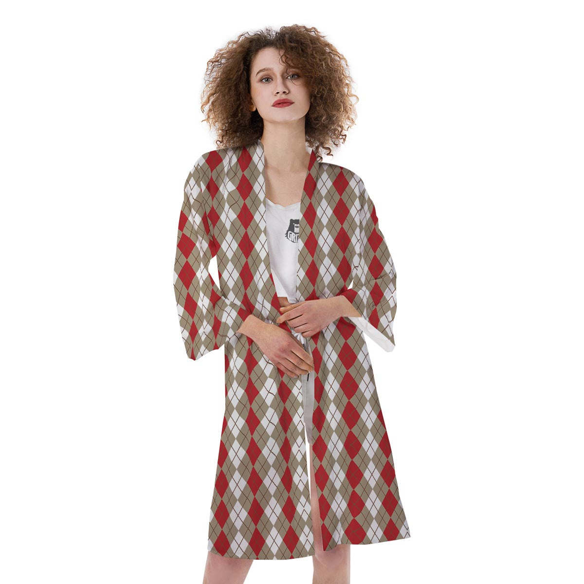 White Argyle And Beige Red Print Pattern Kimono-grizzshop