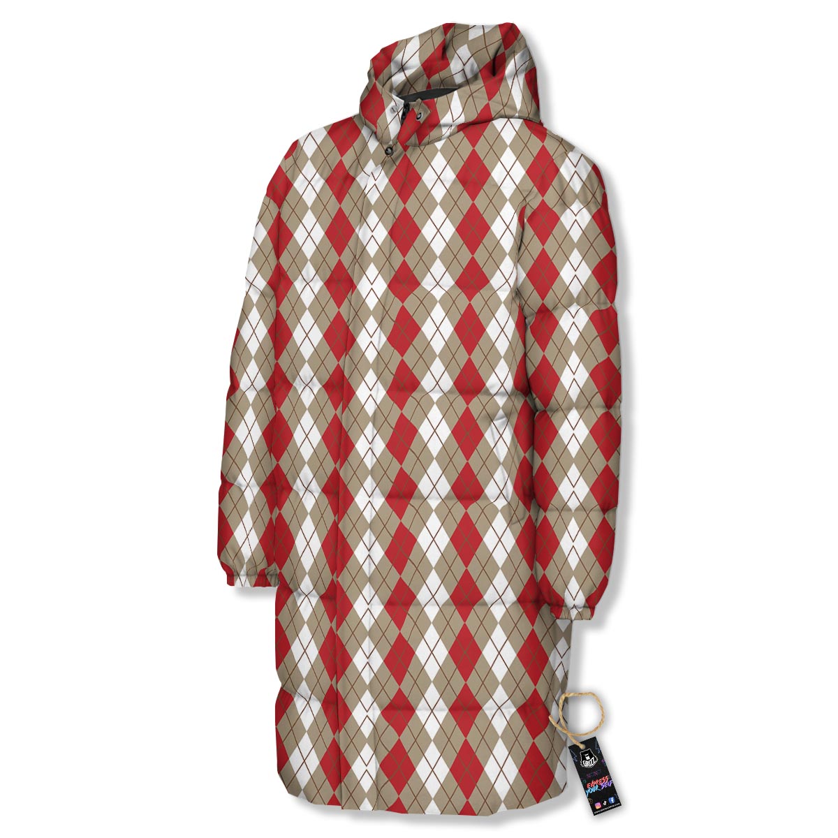 White Argyle And Beige Red Print Pattern Long Down Jacket-grizzshop