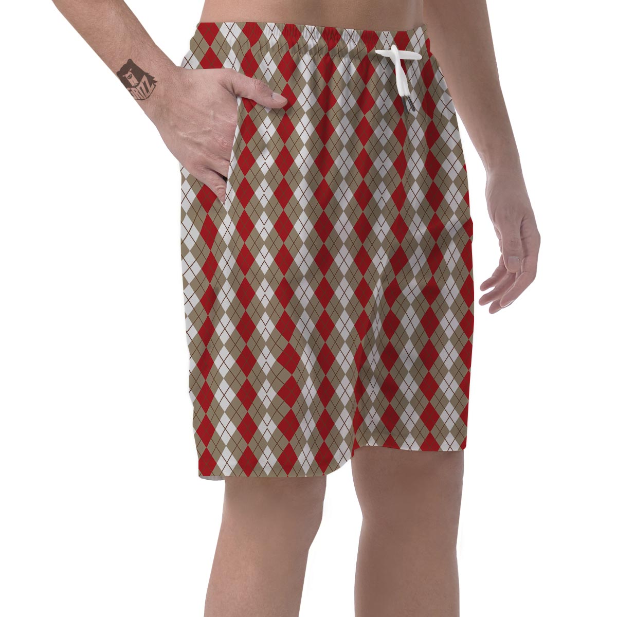White Argyle And Beige Red Print Pattern Men's Shorts-grizzshop
