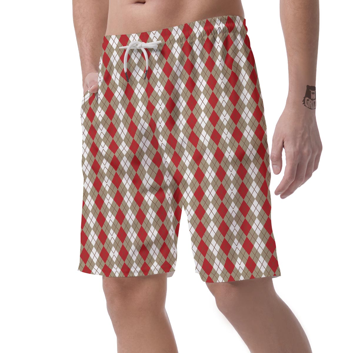 White Argyle And Beige Red Print Pattern Men's Shorts-grizzshop