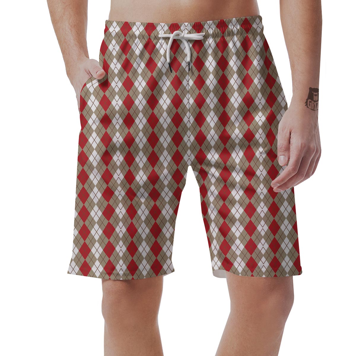 White Argyle And Beige Red Print Pattern Men's Shorts-grizzshop