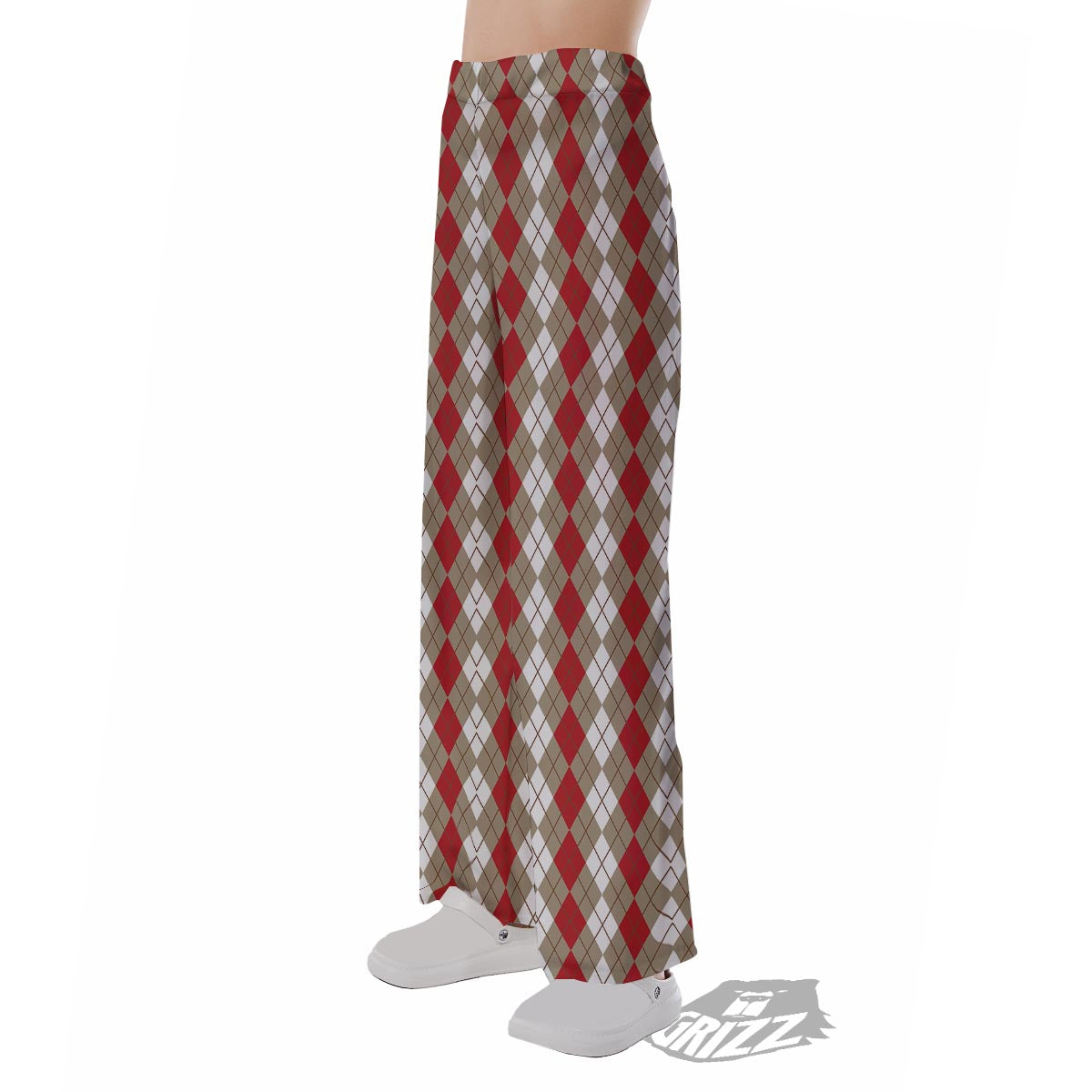 White Argyle And Beige Red Print Pattern Pajama Pants-grizzshop