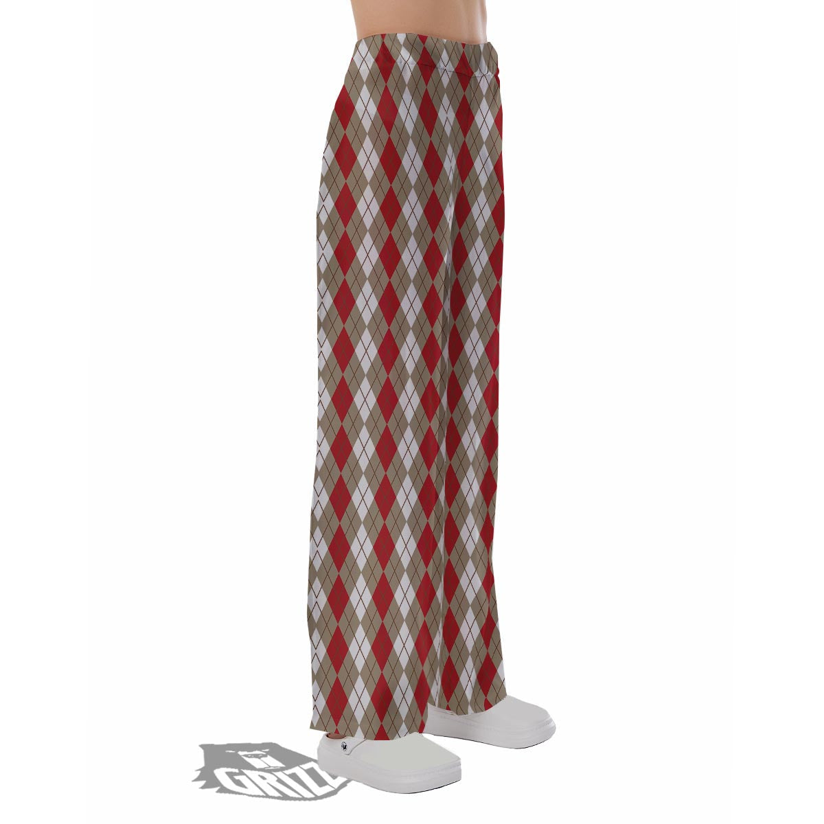 White Argyle And Beige Red Print Pattern Pajama Pants-grizzshop