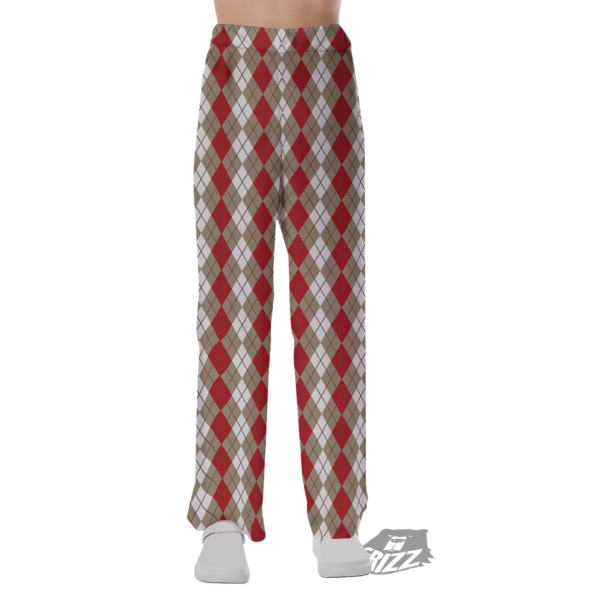 White Argyle And Beige Red Print Pattern Pajama Pants-grizzshop